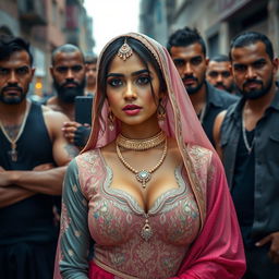 A seductive Indian woman dressed in traditional Muslim attire, showcasing elegant details like intricate embroidery and a lovely hijab, surrounded by a confident group of muscular men from a gang culture