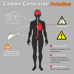 An informative and detailed illustration depicting the effects of Carbon Monoxide (CO) poisoning on the human body