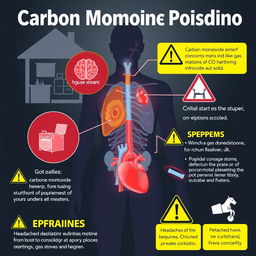 An informative and detailed illustration depicting the effects of Carbon Monoxide (CO) poisoning on the human body