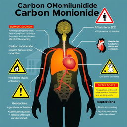 An informative and detailed illustration depicting the effects of Carbon Monoxide (CO) poisoning on the human body