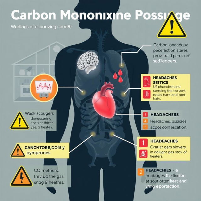 An informative and detailed illustration depicting the effects of Carbon Monoxide (CO) poisoning on the human body