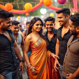 A beautiful, alluring Indian woman, exuding confidence and charm, engaging playfully with a group of handsome, muscular men