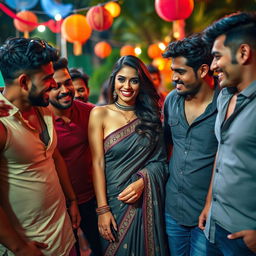 A beautiful, alluring Indian woman, exuding confidence and charm, engaging playfully with a group of handsome, muscular men