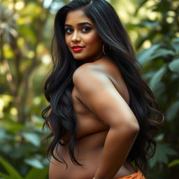 A beautiful Indian woman with voluptuous features, showcasing her curves confidently