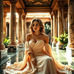 A portrait of an elegant woman resting in a Roman bath, showcasing intricate architectural details of the bathhouse, with warm sunlight filtering through ornate columns