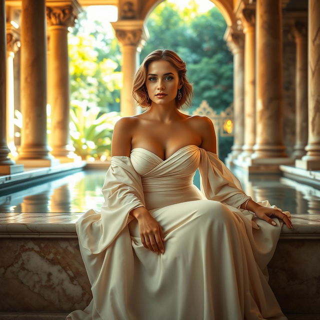 A portrait of an elegant woman resting in a Roman bath, showcasing intricate architectural details of the bathhouse, with warm sunlight filtering through ornate columns