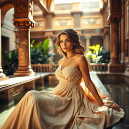 A portrait of an elegant woman resting in a Roman bath, showcasing intricate architectural details of the bathhouse, with warm sunlight filtering through ornate columns