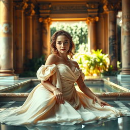 A portrait of an elegant woman resting in a Roman bath, showcasing intricate architectural details of the bathhouse, with warm sunlight filtering through ornate columns