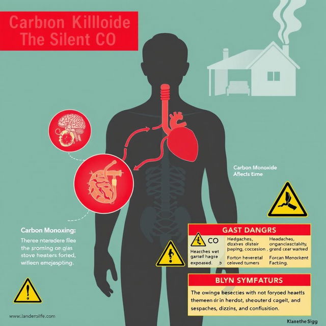 An informative and detailed illustration depicting the effects of Carbon Monoxide (CO) poisoning on the human body