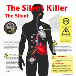 An informative and detailed illustration depicting the effects of Carbon Monoxide (CO) poisoning on the human body