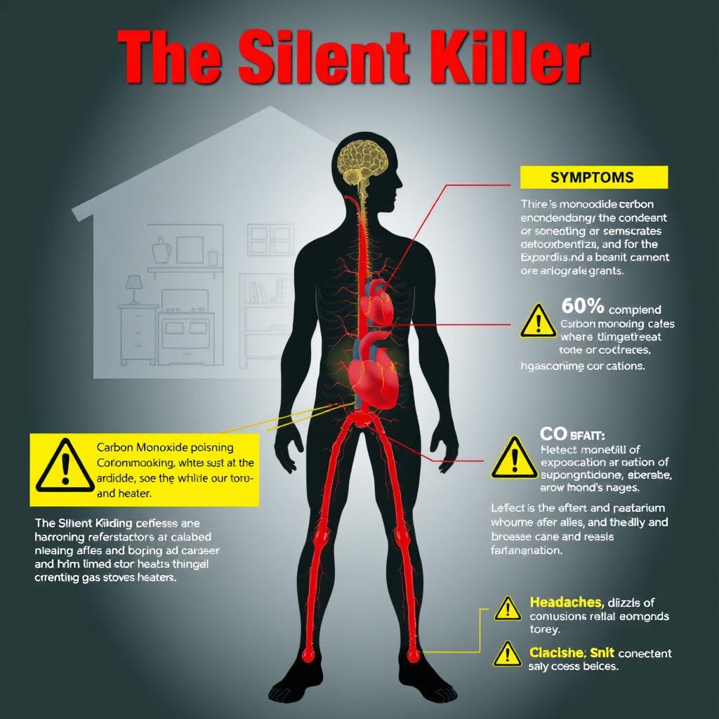 An informative and detailed illustration depicting the effects of Carbon Monoxide (CO) poisoning on the human body