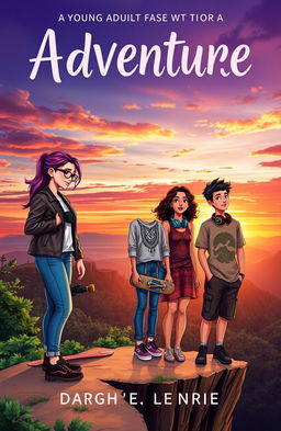 A young adult fiction book cover, featuring a diverse group of four teenagers standing on the edge of a cliff overlooking a vibrant sunset