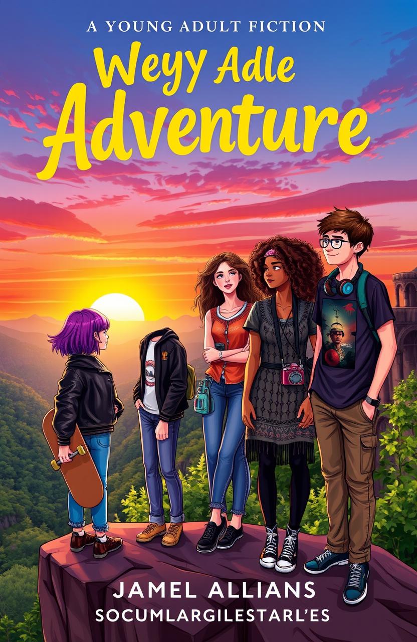 A young adult fiction book cover, featuring a diverse group of four teenagers standing on the edge of a cliff overlooking a vibrant sunset