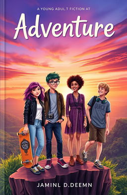 A young adult fiction book cover, featuring a diverse group of four teenagers standing on the edge of a cliff overlooking a vibrant sunset