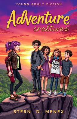 A young adult fiction book cover, featuring a diverse group of four teenagers standing on the edge of a cliff overlooking a vibrant sunset