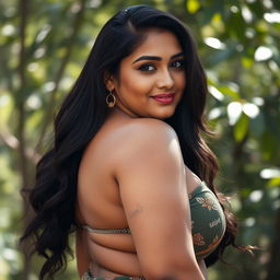 A radiant Indian woman with pronounced curves, confidently facing the viewer