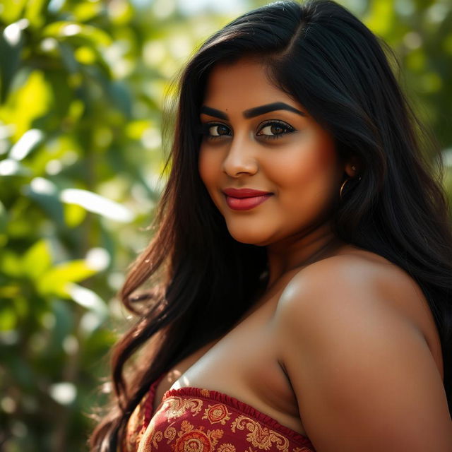 A radiant Indian woman with pronounced curves, confidently facing the viewer