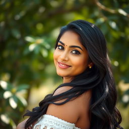 A radiant Indian woman with pronounced curves, confidently facing the viewer