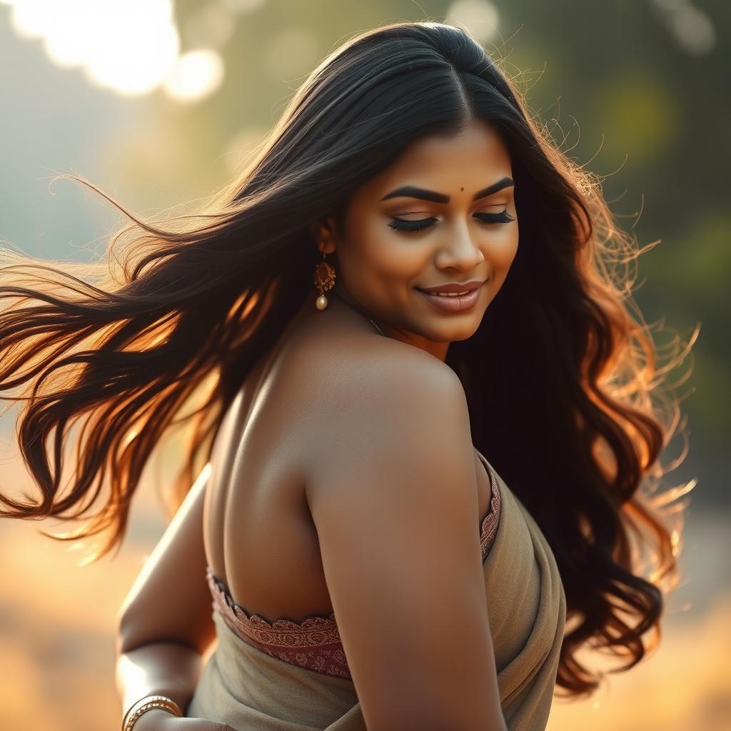 A captivating portrait of an Indian woman with a curvaceous figure, elegantly posed in a serene outdoor setting