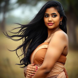 A captivating portrait of an Indian woman with a curvaceous figure, elegantly posed in a serene outdoor setting