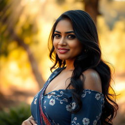 A captivating portrait of an Indian woman with a curvaceous figure, elegantly posed in a serene outdoor setting