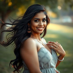 A captivating portrait of an Indian woman with a curvaceous figure, elegantly posed in a serene outdoor setting