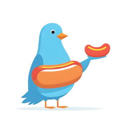 Whimsical cartoon of a blue cardboard pigeon integrated with a hot dog on a pristine white background