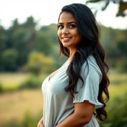 A beautiful Indian woman with an expressive demeanor, standing gracefully in a serene outdoor setting