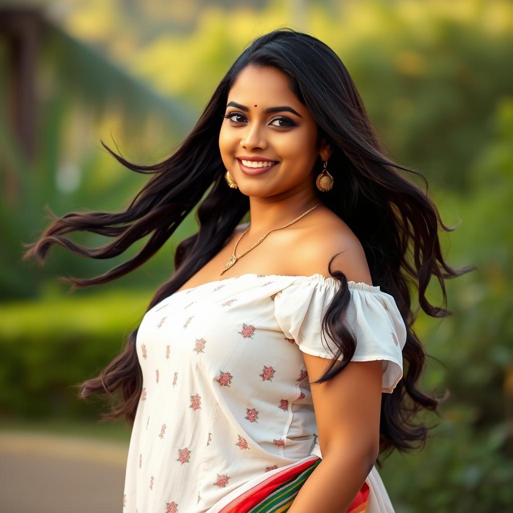 A beautiful Indian woman with an expressive demeanor, standing gracefully in a serene outdoor setting