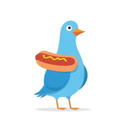 Whimsical cartoon of a blue cardboard pigeon integrated with a hot dog on a pristine white background