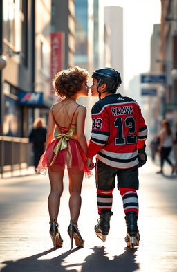 A scene featuring a girl dressed as a dancer and a boy dressed as a hockey player walking side by side