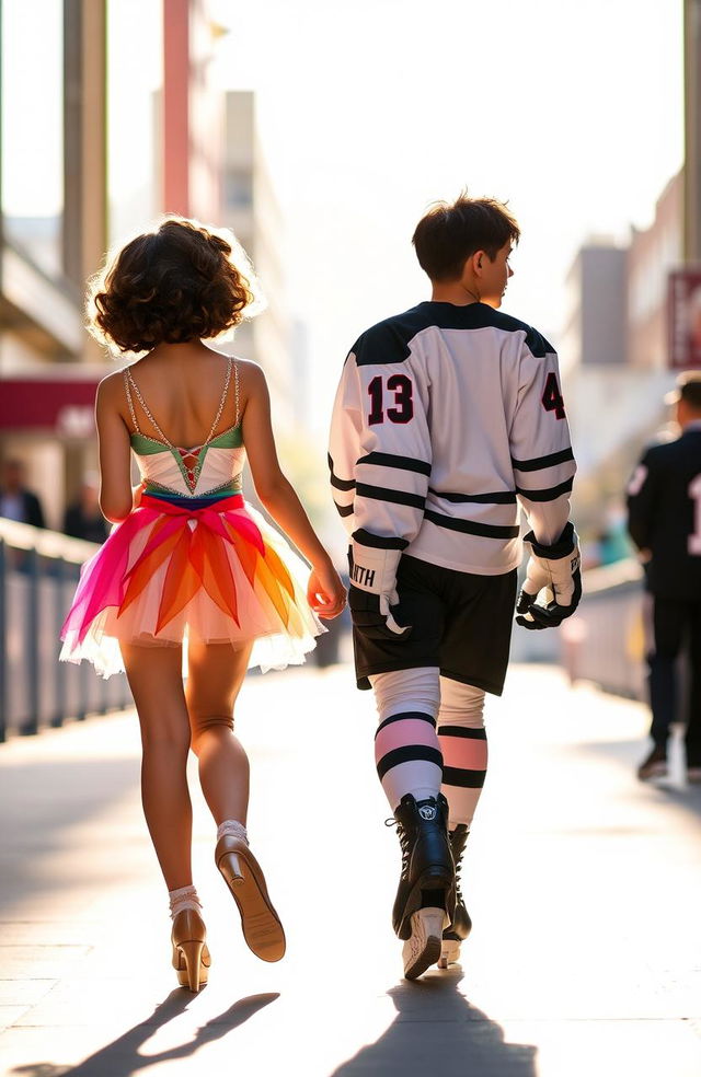 A scene featuring a girl dressed as a dancer and a boy dressed as a hockey player walking side by side