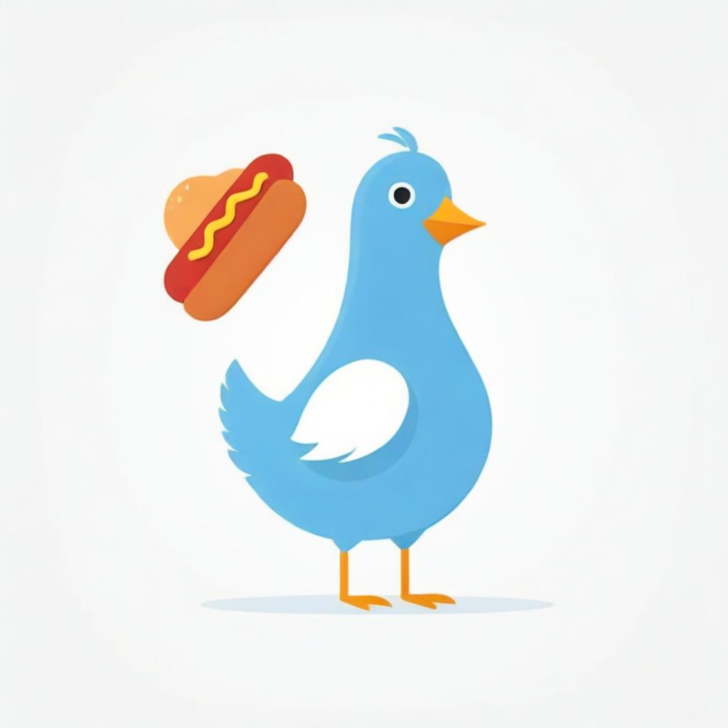 Whimsical cartoon of a blue cardboard pigeon integrated with a hot dog on a pristine white background