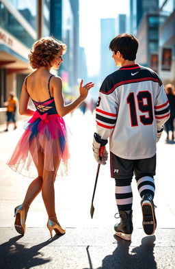 A scene featuring a girl dressed as a dancer and a boy dressed as a hockey player walking side by side