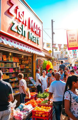 A vibrant and bustling market scene featuring Zish Mart, a colorful storefront adorned with bright signage and a variety of products lining the shelves