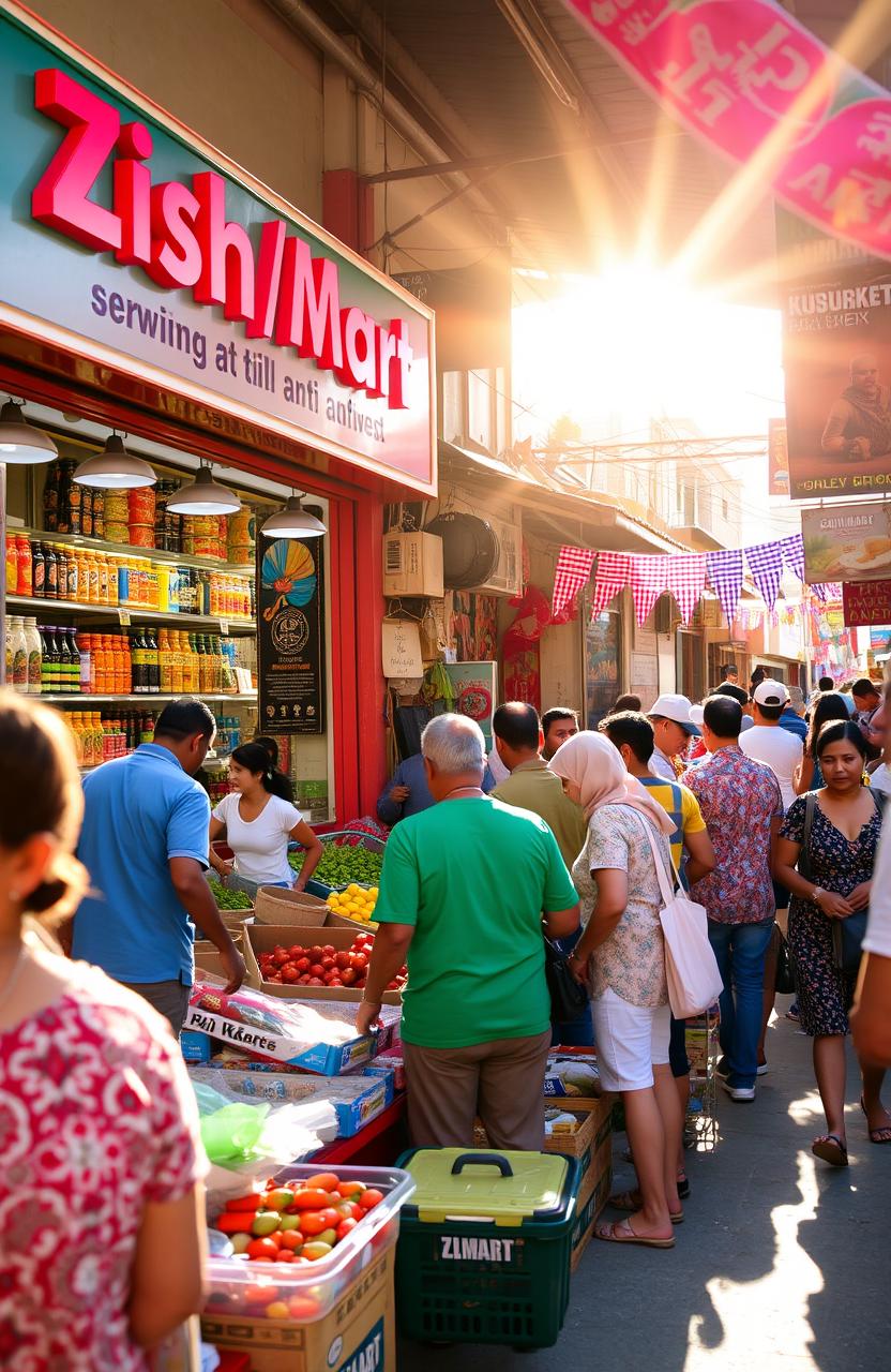 A vibrant and bustling market scene featuring Zish Mart, a colorful storefront adorned with bright signage and a variety of products lining the shelves