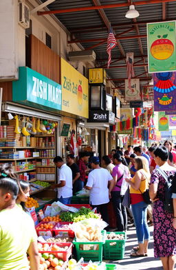 A vibrant and bustling market scene featuring Zish Mart, a colorful storefront adorned with bright signage and a variety of products lining the shelves