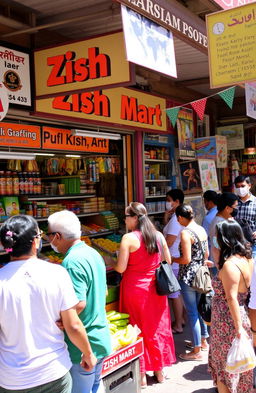 A vibrant and bustling market scene featuring Zish Mart, a colorful storefront adorned with bright signage and a variety of products lining the shelves