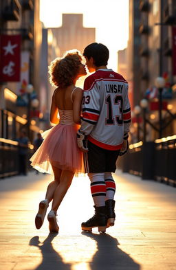 A girl dressed as a dancer with short, curly hair up to her shoulders, walking side by side with a boy dressed as a hockey player who has black hair