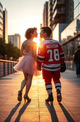 A girl dressed as a dancer with short, curly hair up to her shoulders, walking side by side with a boy dressed as a hockey player who has black hair