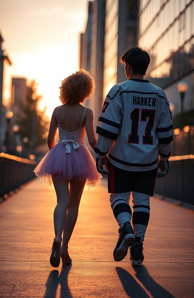 A girl dressed as a dancer with short, curly hair up to her shoulders, walking side by side with a boy dressed as a hockey player who has black hair