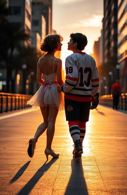 A girl dressed as a dancer with short, curly hair up to her shoulders, walking side by side with a boy dressed as a hockey player who has black hair
