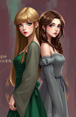 A dramatic 2D novel cover inspired by manhwa art style, featuring two ladies standing back-to-back