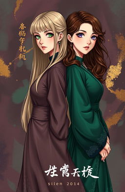 A dramatic 2D novel cover inspired by manhwa art style, featuring two ladies standing back-to-back