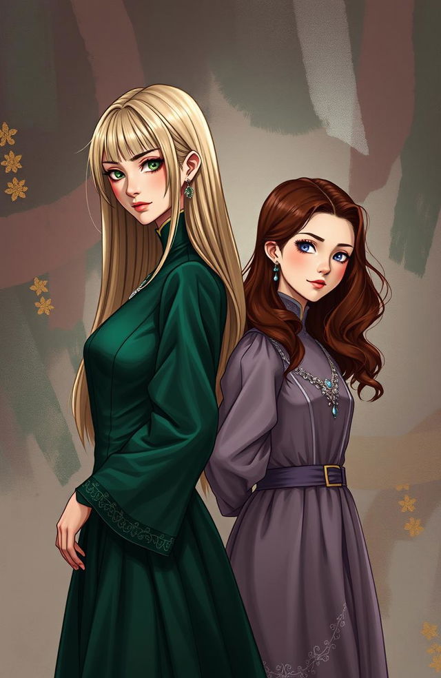 A dramatic 2D novel cover inspired by manhwa art style, featuring two ladies standing back-to-back