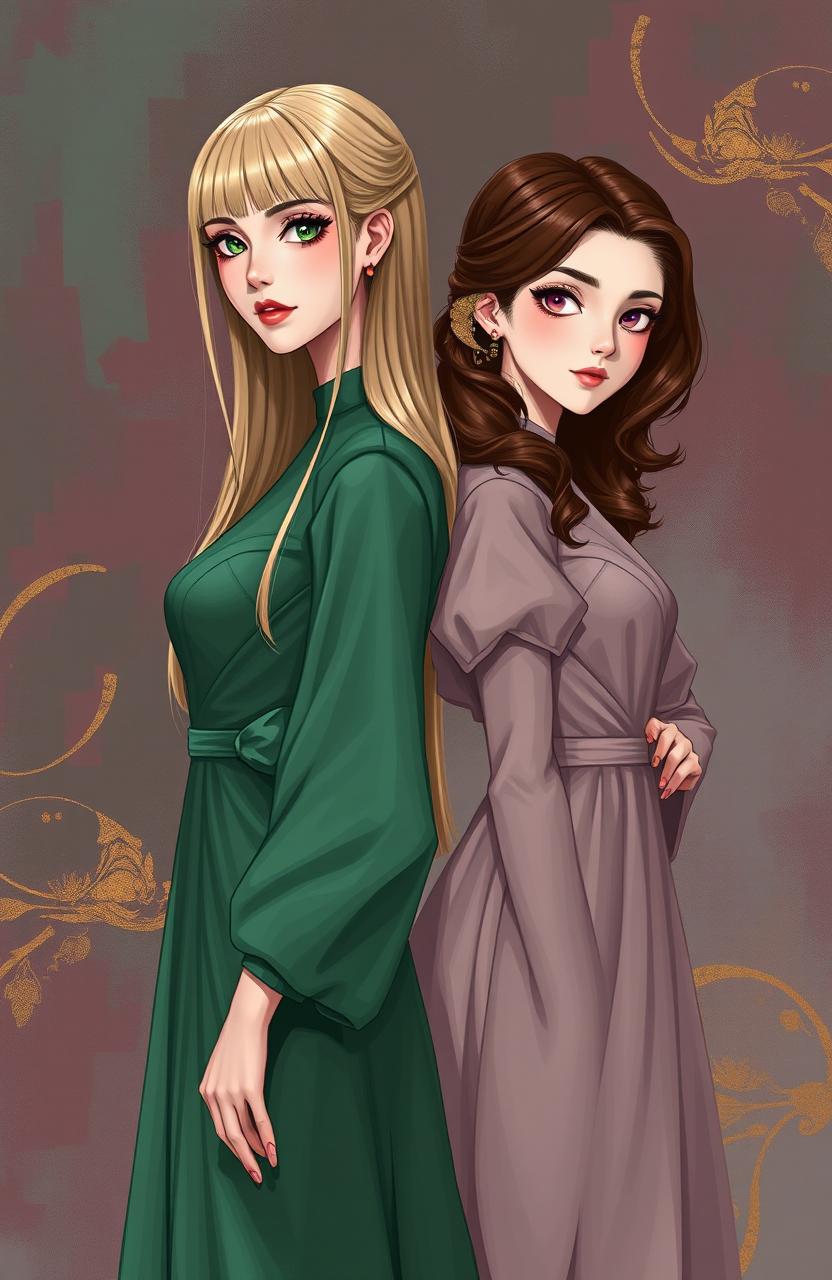 A dramatic 2D novel cover inspired by manhwa art style, featuring two ladies standing back-to-back