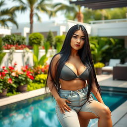 A beautiful Central Asian woman with large breasts, casually relaxing in a luxurious outdoor setting