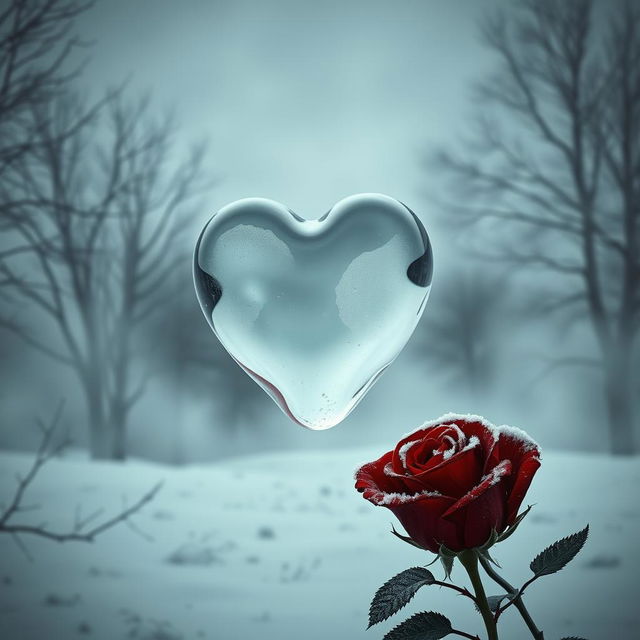 A symbolic representation of 'heatless selfish love' featuring a heart made of glass, transparent and cold, surrounded by dark, swirling mist that signifies isolation