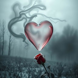 A symbolic representation of 'heatless selfish love' featuring a heart made of glass, transparent and cold, surrounded by dark, swirling mist that signifies isolation