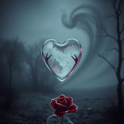 A symbolic representation of 'heatless selfish love' featuring a heart made of glass, transparent and cold, surrounded by dark, swirling mist that signifies isolation